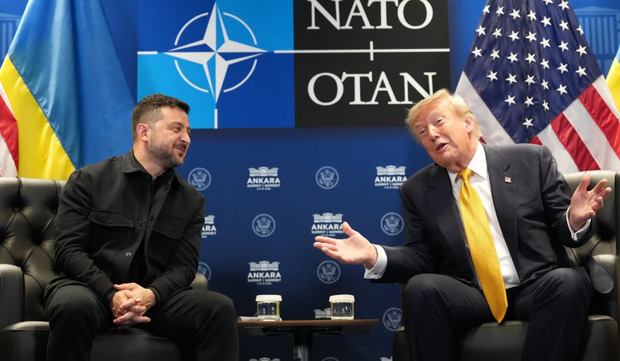U.S. President Donald Trump meets with Ukraine's President Volodymyr Zelenskyy on the sidelines of the NATO summit in Ankara, Turkey, Wednesday, July 8, 2026. (AP Photo/Alex Brandon)