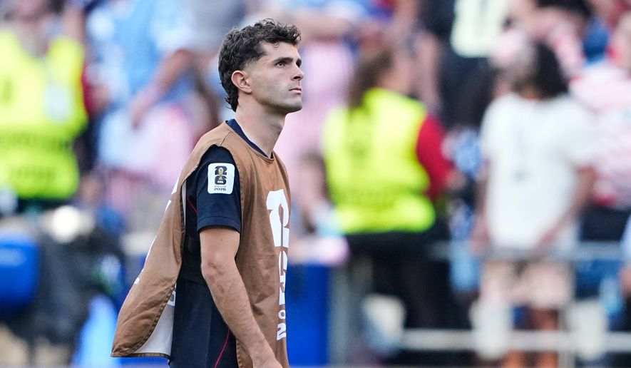 United States' Christian Pulisic (10) reacts following the World Cup round of 16 soccer match between the United States and Belgium in Seattle, Monday, July 6, 2026. (AP Photo/Lindsey Wasson)