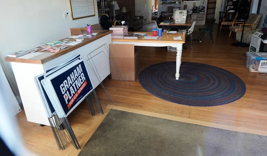 The headquarters for former Democratic candidate for U.S. Senate Graham Platner is quiet Thursday, July 9, 2026, in Ellsworth, Maine. (AP Photo/Robert F. Bukaty)
