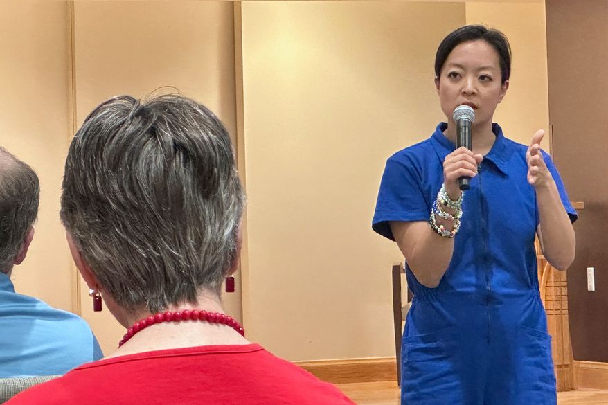 Francesca Hong, a Democratic socialist candidate for Wisconsin governor, speaks to voters at a retirement home, Tuesday, July 7, 2026, in Madison, Wis. (AP Photo/Scott Bauer)