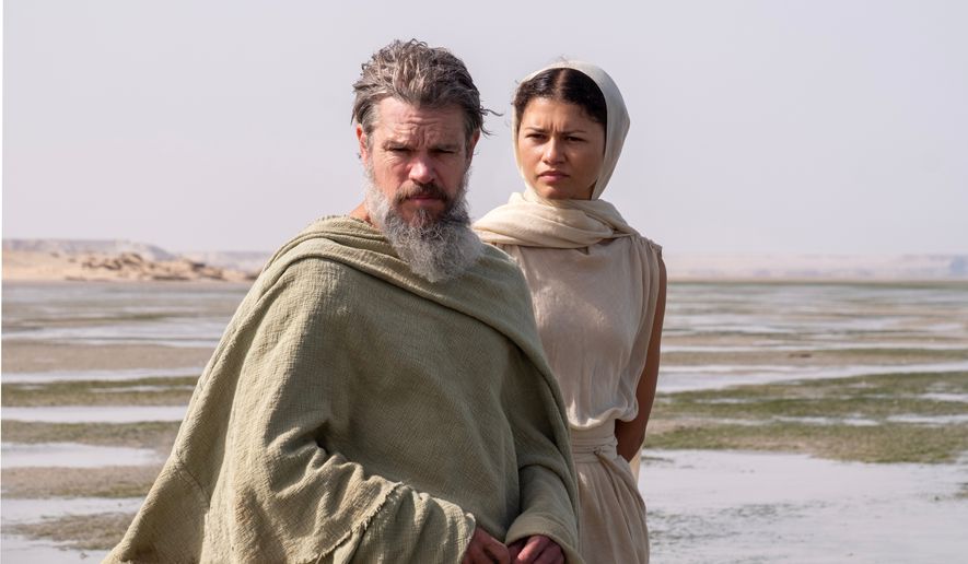 This image released by Universal Pictures shows Matt Damon as Odysseus, left, and Zendaya as Athen, in a scene from "The Odyssey." (Melinda Sue Gordon/Universal Pictures via AP)