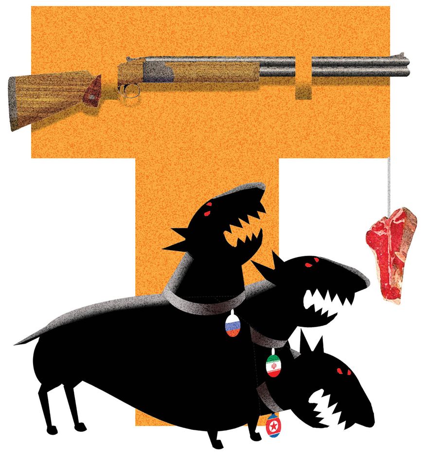 President Donald Trump's diplomacy strategies with Iran, North Korea, Russia illustration by Alexander Hunter/The Washington Times
