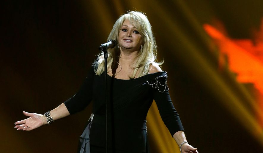 Singer Bonnie Tyler performs her song "Believe in Me" during a rehearsal for the final of the Eurovision Song Contest at the Malmo Arena in Malmo, Sweden on May 17, 2013. (AP Photo/Alastair Grant, File)
