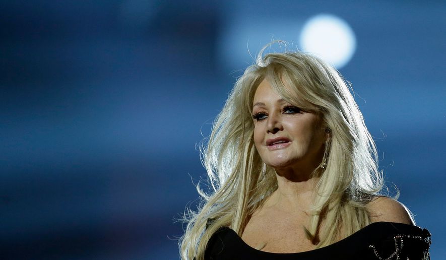 Singer Bonnie Tyler performs her song "Believe in Me" during a rehearsal for the final of the Eurovision Song Contest at the Malmo Arena in Malmo, Sweden on May 17, 2013. (AP Photo/Alastair Grant, File)
