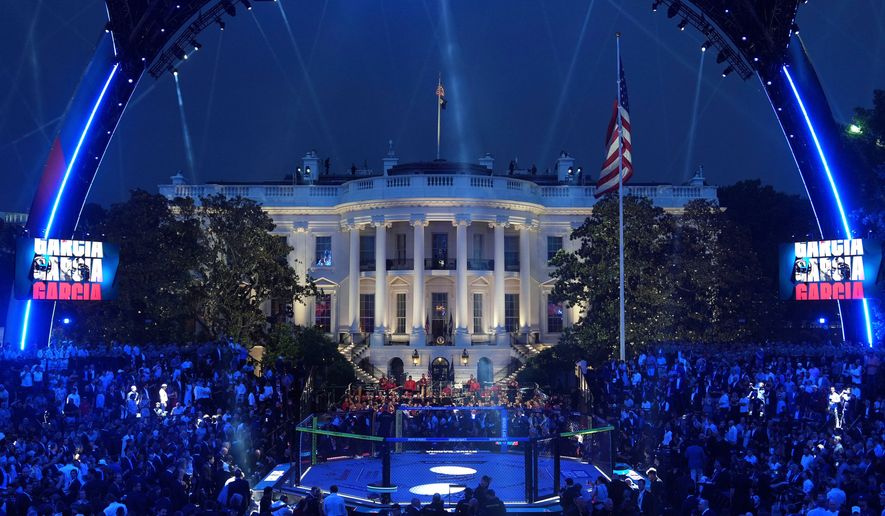 FILE - President Donald Trump arrives at the arena for the UFC Freedom 250 on the South Lawn of the White House, June 14, 2026, in Washington. (AP Photo/Mark Schiefelbein, File)