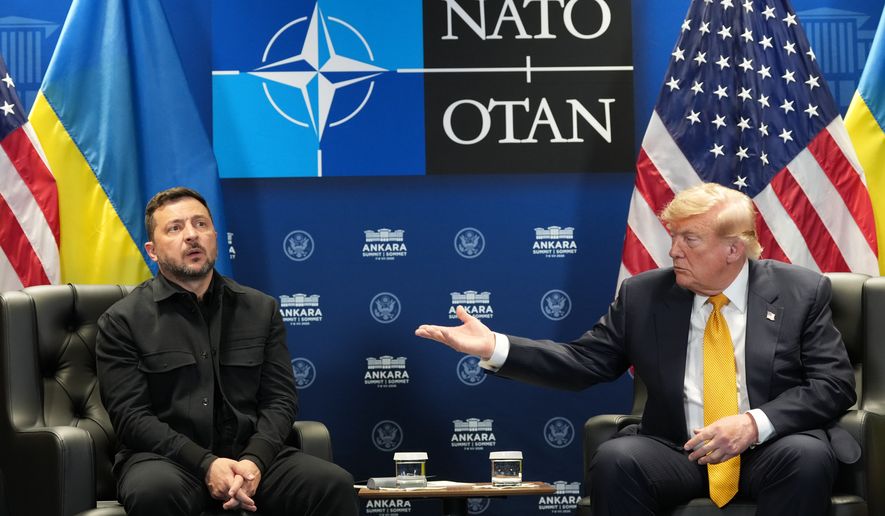 U.S. President Donald Trump meets with Ukraine's President Volodymyr Zelenskyy on the sidelines of the NATO summit in Ankara, Turkey, Wednesday, July 8, 2026. (AP Photo/Alex Brandon)