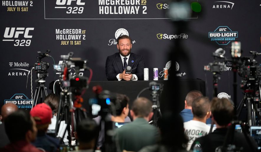 Conor McGregor speaks during a news conference for the UFC 329 mixed martial arts event Wednesday, July 8, 2026, in Las Vegas. (AP Photo/John Locher)
