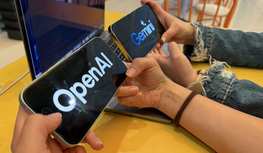 Two people hold two smartphones side by side, one displaying the OpenAI logo and the other displaying the Google Gemini logo. File photo credit: Daniel Constante via Shutterstock.