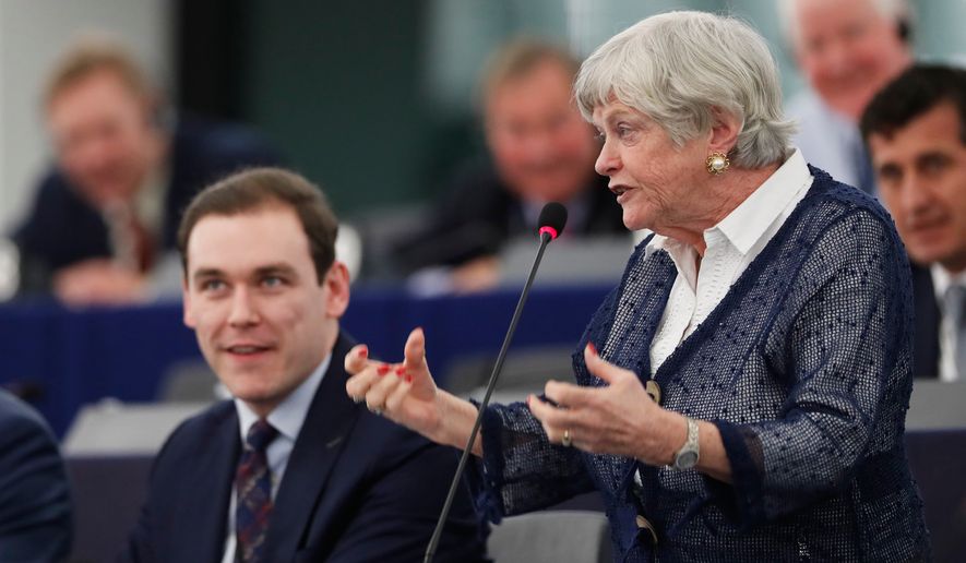 Britain's European Parliament member Ann Widdecombe, right, of the Brexit Party, speaks during a debate at the European Parliament, Jan. 14, 2020, in Strasbourg, eastern France. (AP Photo/Jean-Francois Badias, File)