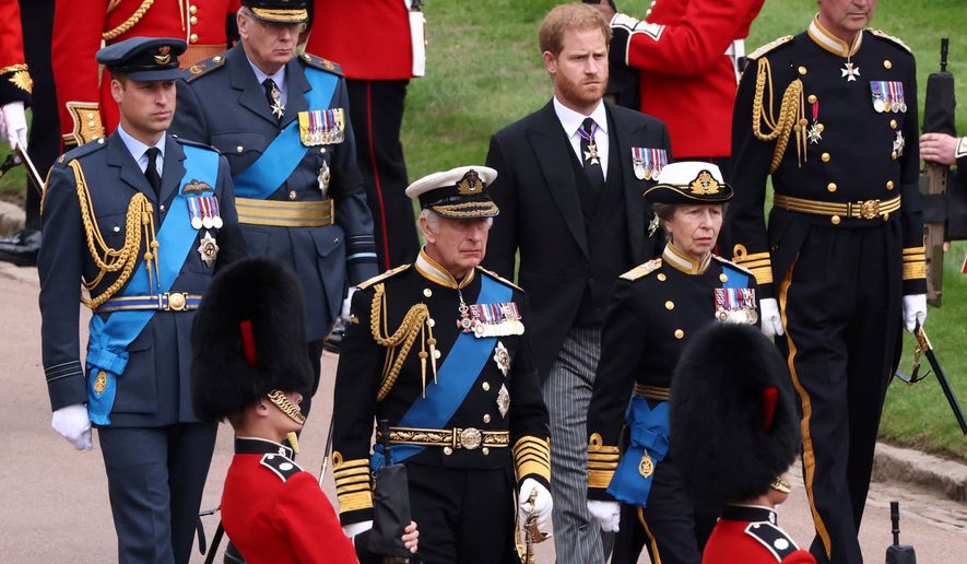 Britain's King Charles III, Princess Anne, Prince William and Prince Harry follow Queen Elizabeth II's coffin at St. George's Chapel at Windsor Castle, Windsor, England, on Sept. 19, 2022. (Henry Nicholls/Pool via AP, File)