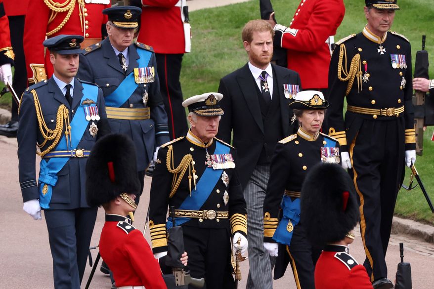 Britain's King Charles III, Princess Anne, Prince William and Prince Harry follow Queen Elizabeth II's coffin at St. George's Chapel at Windsor Castle, Windsor, England, on Sept. 19, 2022. (Henry Nicholls/Pool via AP, File)