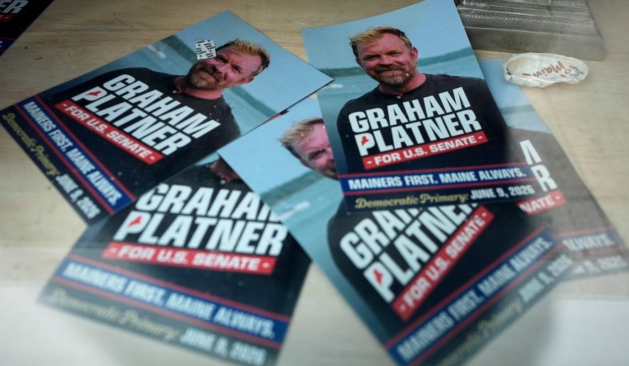 Campaign flyers for former Democratic candidate for U.S. Senate Graham Platner are seen at his headquarters Thursday, July 9, 2026, in Ellsworth, Maine. (AP Photo/Robert F. Bukaty)