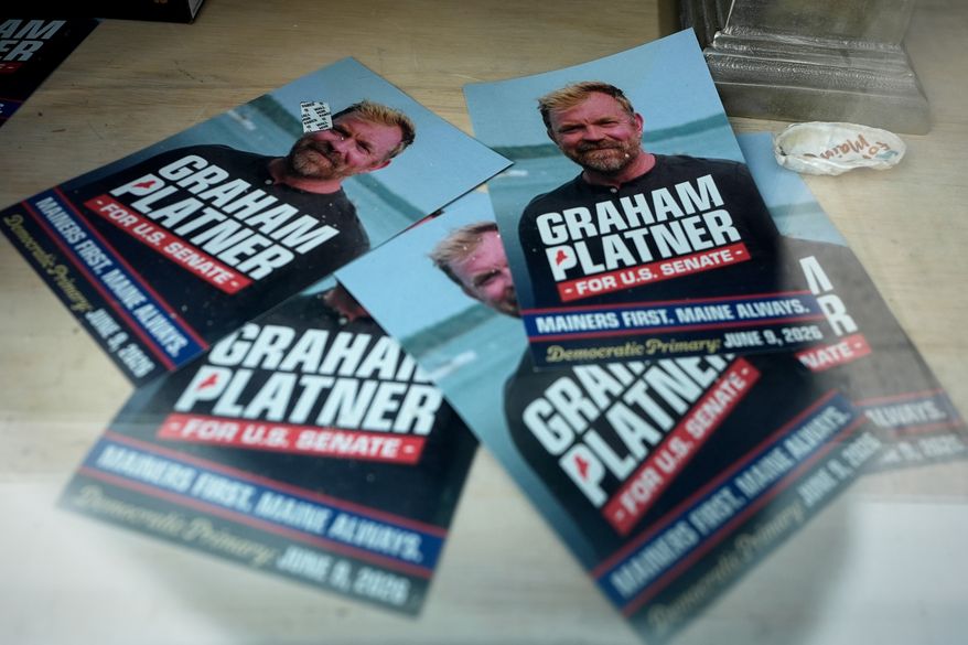 Campaign flyers for former Democratic candidate for U.S. Senate Graham Platner are seen at his headquarters Thursday, July 9, 2026, in Ellsworth, Maine. (AP Photo/Robert F. Bukaty)