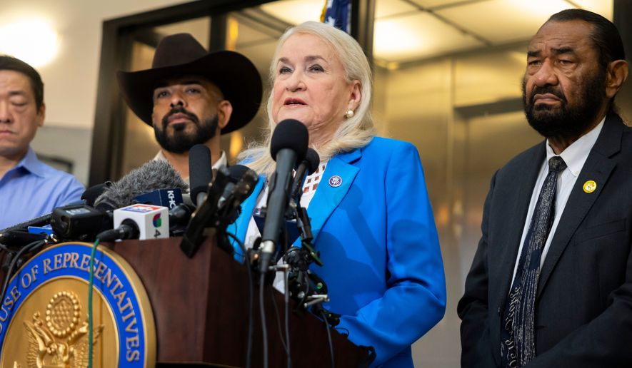 Congresswoman Sylvia Garcia speaks during a press briefing regarding her conversation with Acting ICE Director David Venturella outside her office in Houston, on Friday, July 10, 2026. (AP Photo/Annie Mulligan)