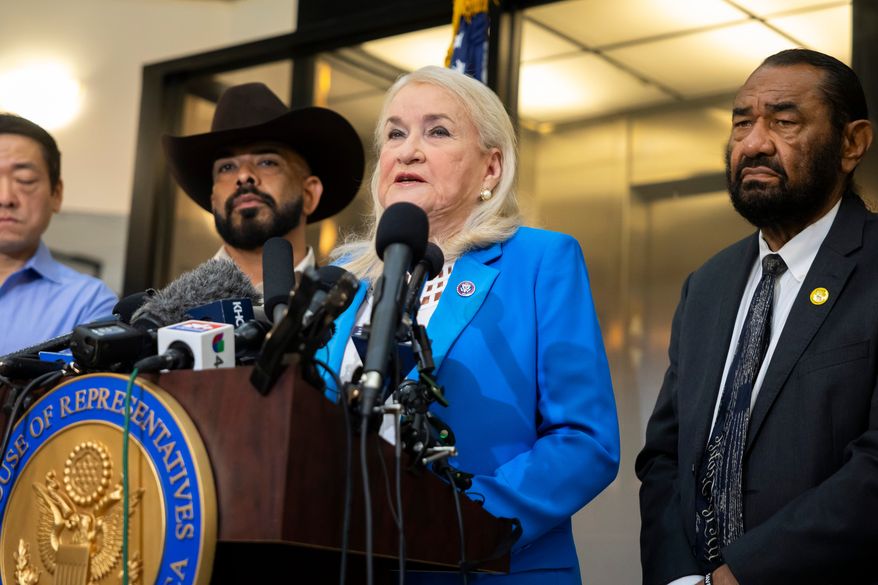 Congresswoman Sylvia Garcia speaks during a press briefing regarding her conversation with Acting ICE Director David Venturella outside her office in Houston, on Friday, July 10, 2026. (AP Photo/Annie Mulligan)