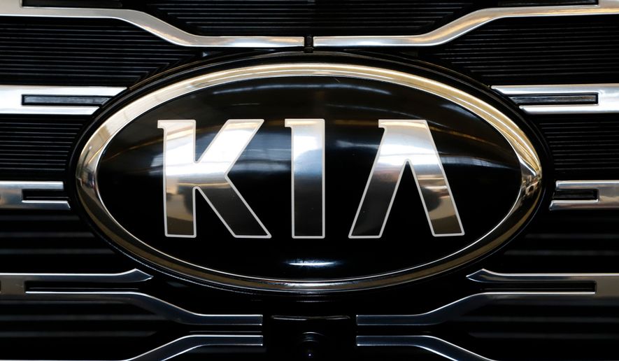 FILE - The front grill of a 2020 KIA Telluride is on display at the 2020 Pittsburgh International Auto Show, Feb.13, 2020 in Pittsburgh. (AP Photo/Gene J. Puskar, File)