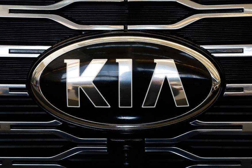 FILE - The front grill of a 2020 KIA Telluride is on display at the 2020 Pittsburgh International Auto Show, Feb.13, 2020 in Pittsburgh. (AP Photo/Gene J. Puskar, File)