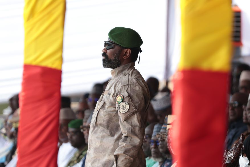 FILE - Mali's junta leader Gen. Assimi Goita attends the funeral of former defense minister Sadio Camara at the Military Engineering Parade Ground in Bamako, Mali, April 30, 2026. (AP Photo/Boubacary Bocoum, File)
