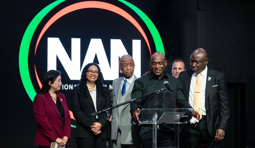 Elmore Wonsley, father of Nolan Xavier Wells, speaks during a news conference at National Action Network headquarters, Friday, July 10, 2026, in New York. (AP Photo/Yuki Iwamura)