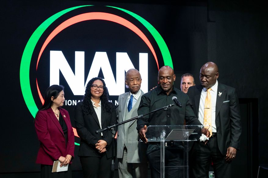 Elmore Wonsley, father of Nolan Xavier Wells, speaks during a news conference at National Action Network headquarters, Friday, July 10, 2026, in New York. (AP Photo/Yuki Iwamura)