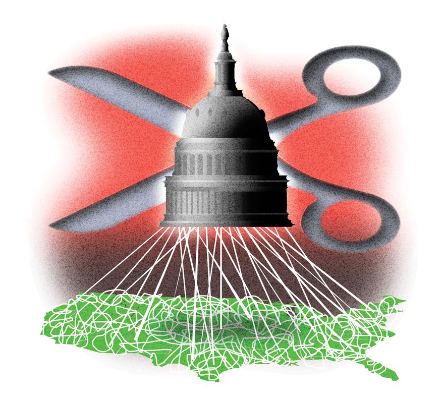 Federalism vs. federal activism in the United States of America illustration by Alexander Hunter/The Washington Times