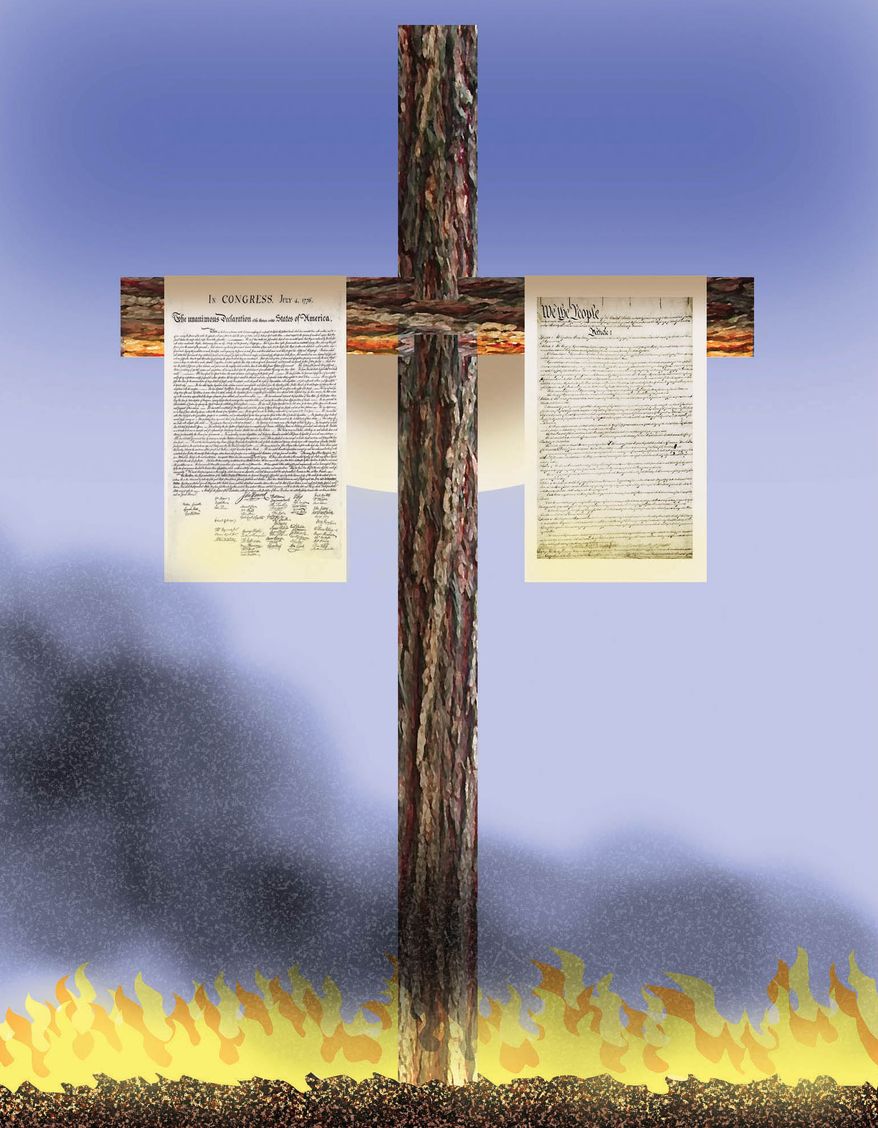 Politics and religion in the United States of America illustration by Alexander Hunter/The Washington Times