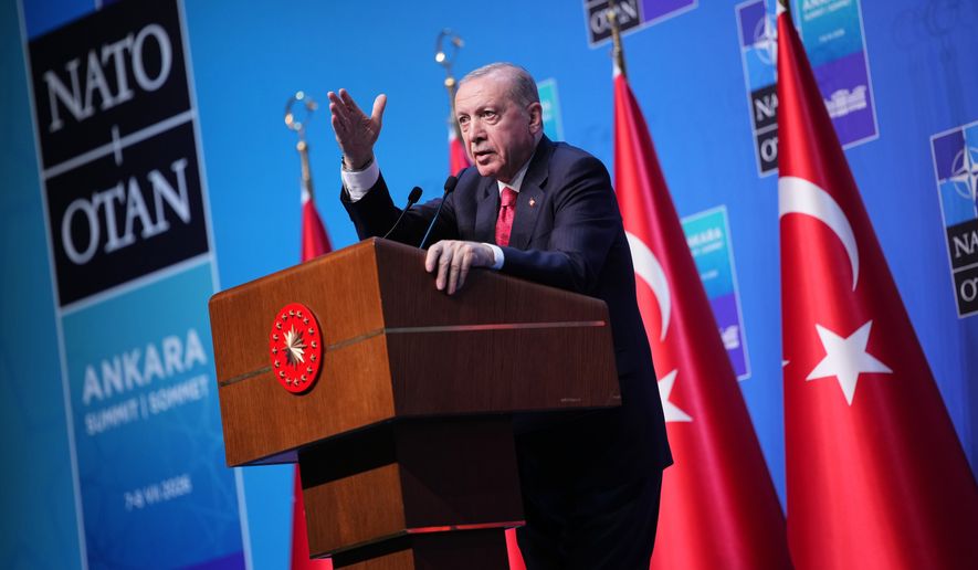 Turkish President Recep Tayyip Erdogan speaks during a media conference at the NATO summit in Ankara, Turkey, Wednesday, July 8, 2026. (AP Photo/Emrah Gurel)
