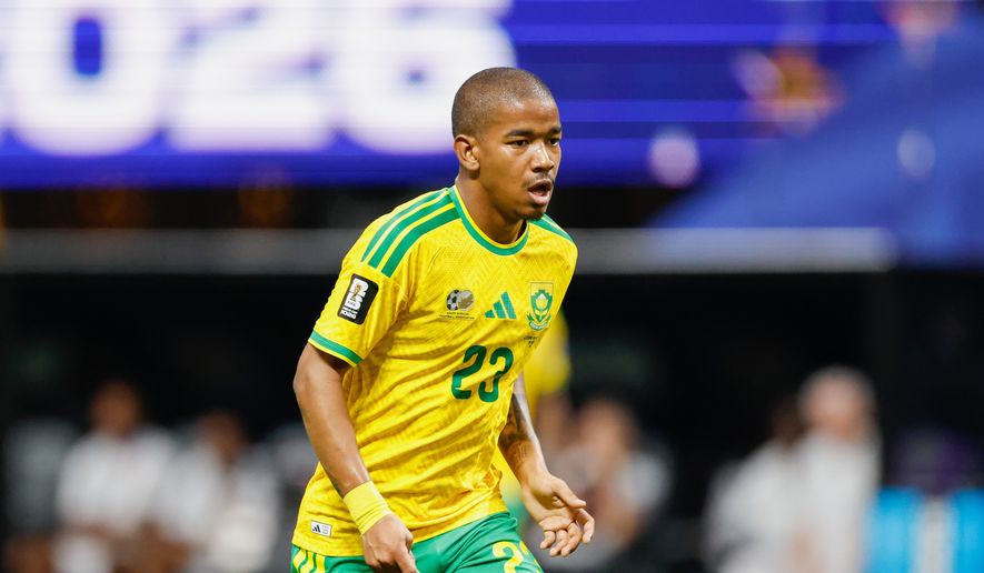 South Africa's Jayden Adams during the World Cup Group A soccer match between Czechia and South Africa in Atlanta, Thursday, June 18, 2026. (AP Photo/Stew Milne)