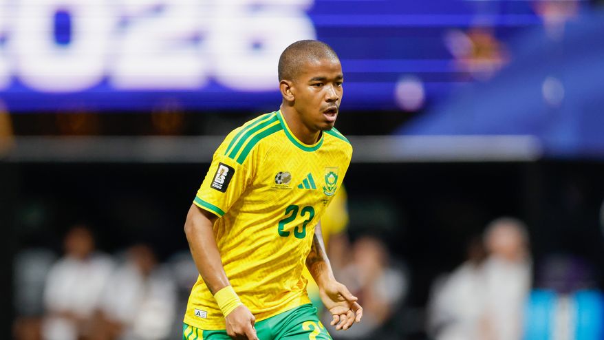 South Africa's Jayden Adams during the World Cup Group A soccer match between Czechia and South Africa in Atlanta, Thursday, June 18, 2026. (AP Photo/Stew Milne)