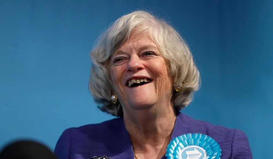Ann Widdecombe, Brexit Party member, is interviewed after Nigel Farage, leader of Britain's Brexit Party, spoke on stage at the launch of their policies for the General Election campaign, in London, Nov. 22, 2019. (AP Photo/Kirsty Wigglesworth, File)