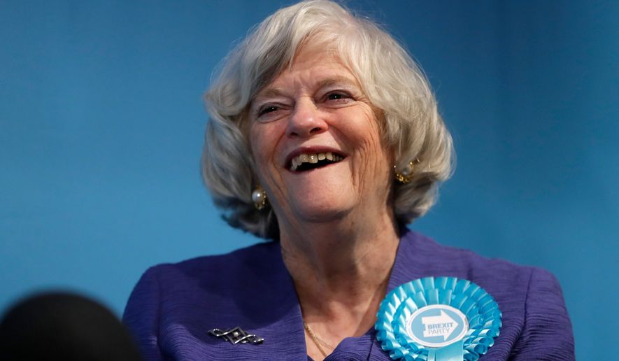 Ann Widdecombe, Brexit Party member, is interviewed after Nigel Farage, Leader of Britain's Brexit Party, spoke on stage at the launch of their policies for the General Election campaign, in London, Nov. 22, 2019. (AP Photo/Kirsty Wigglesworth, File)