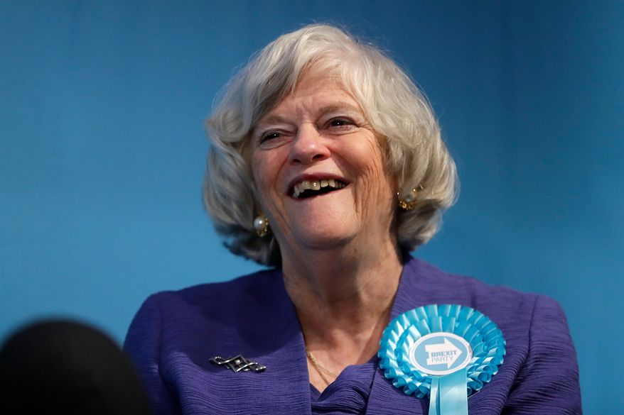 Ann Widdecombe, Brexit Party member, is interviewed after Nigel Farage, Leader of Britain's Brexit Party, spoke on stage at the launch of their policies for the General Election campaign, in London, Nov. 22, 2019. (AP Photo/Kirsty Wigglesworth, File)
