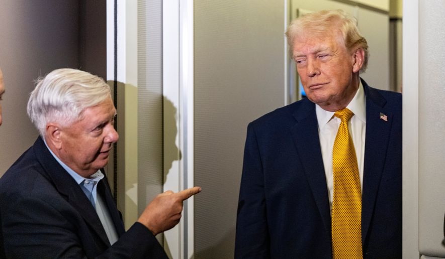 Sen. Lindsey Graham, R-S.C., left, gestures as President Donald Trump speaks with reporters while in flight on Air Force One, Jan. 4, 2026, as they were returning to Joint Base Andrews, Md. (AP Photo/Alex Brandon, File)
