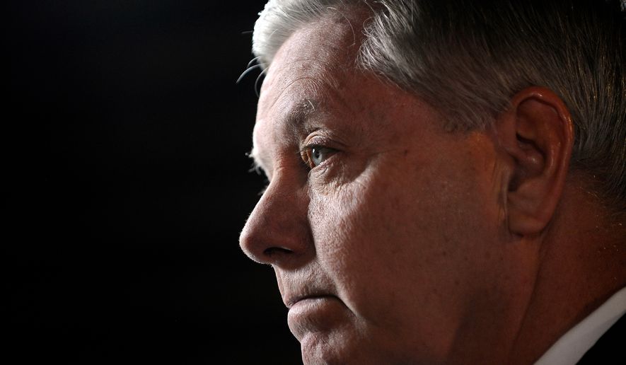 Sen Lindsey Graham, R-S.C., speaks to the media before the CBS News Republican presidential debate at the Peace Center, Saturday, Feb. 13, 2016, in Greenville, S.C. (AP Photo/Rainier Ehrhardt, File)