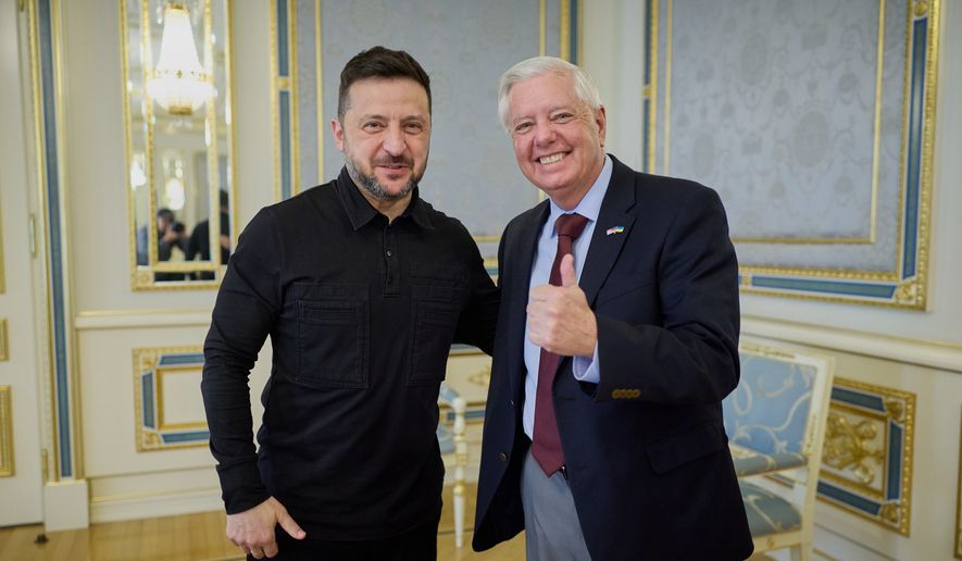 In this photo provided by the Ukrainian Presidential Press Office, Ukrainian President Volodymyr Zelenskyy, left, and U.S. Sen. Lindsey Graham, R-S.C. in Kyiv, Ukraine, Friday, July 10, 2026. (Ukrainian Presidential Press Office via AP) ** FILE **