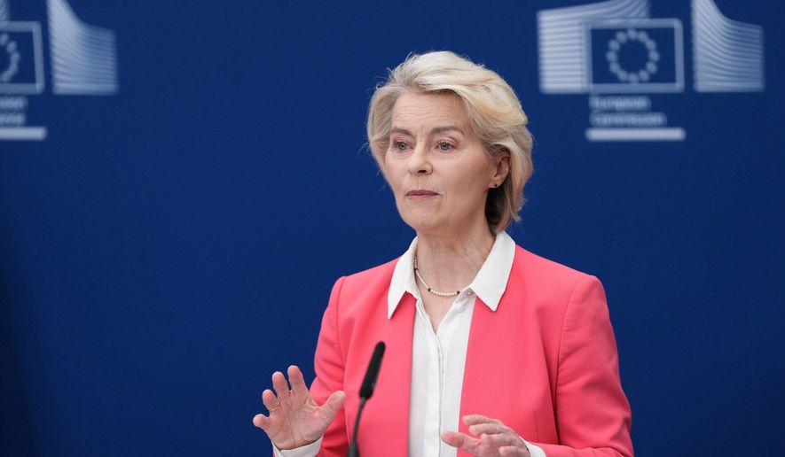 European Commission President Ursula von der Leyen speaks during a report on children's safety online at EU headquarters in Brussels, Monday, July 13, 2026. (AP Photo/Marius Burgelman) ** FILE **