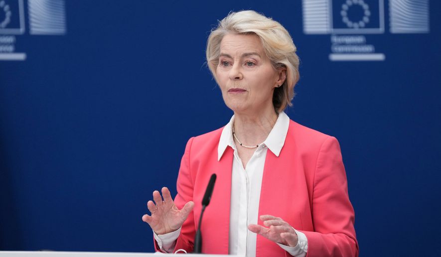 European Commission President Ursula von der Leyen speaks during a report on children's safety online at EU headquarters in Brussels, Monday, July 13, 2026. (AP Photo/Marius Burgelman)