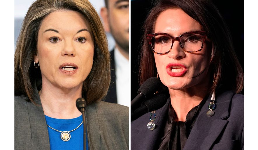 FILE - This photo combination shows Rep. Angie Craig, D-Minn., left, Jan. 15, 2026, in Washington and Minnesota Lt. Gov. Peggy Flanagan, Nov. 5, 2024, in St. Paul, Minn. (AP Photo/Allison Robbert, Abbie Parr, file)