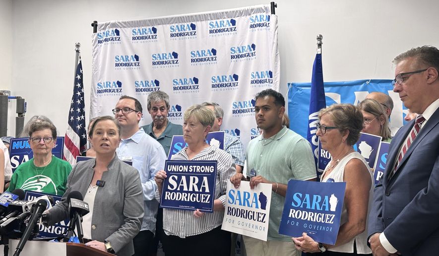 Democratic candidate for Wisconsin governor Sara Rodriguez speaks to supporters, Monday, July 13, 2026, in Madison, Wis. (AP Photo/Scott Bauer)