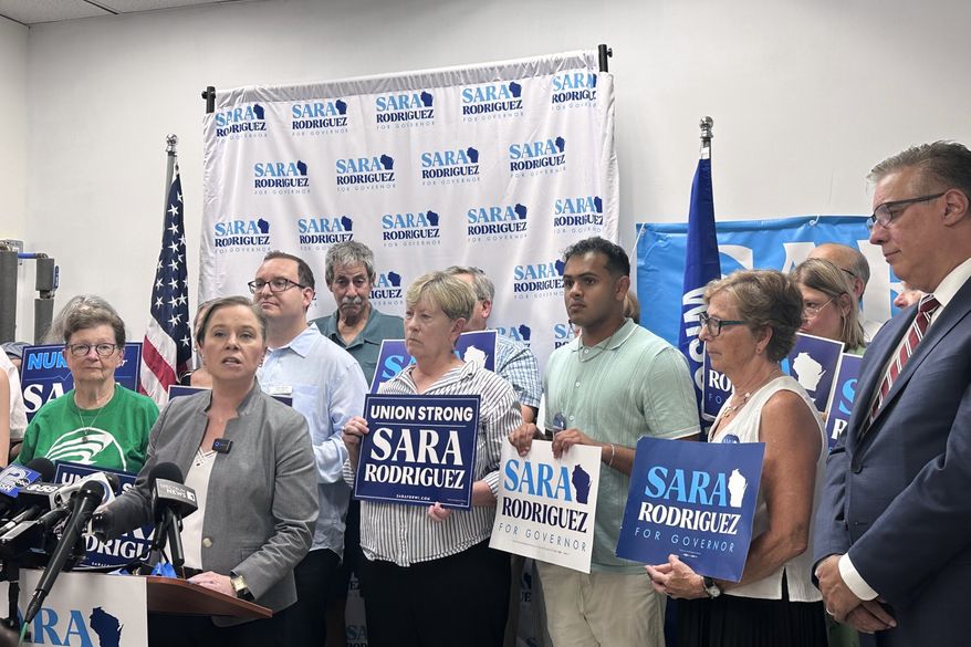 Democratic candidate for Wisconsin governor Sara Rodriguez speaks to supporters, Monday, July 13, 2026, in Madison, Wis. (AP Photo/Scott Bauer)