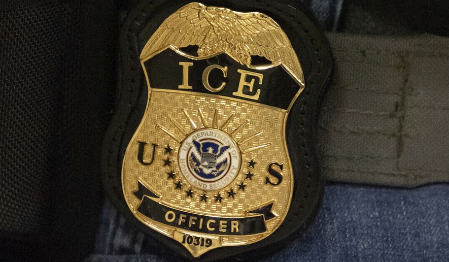 A federal agent wears an Immigration and Customs Enforcement badge in New York on June 10, 2025. (AP Photo/Yuki Iwamura) **FILE**