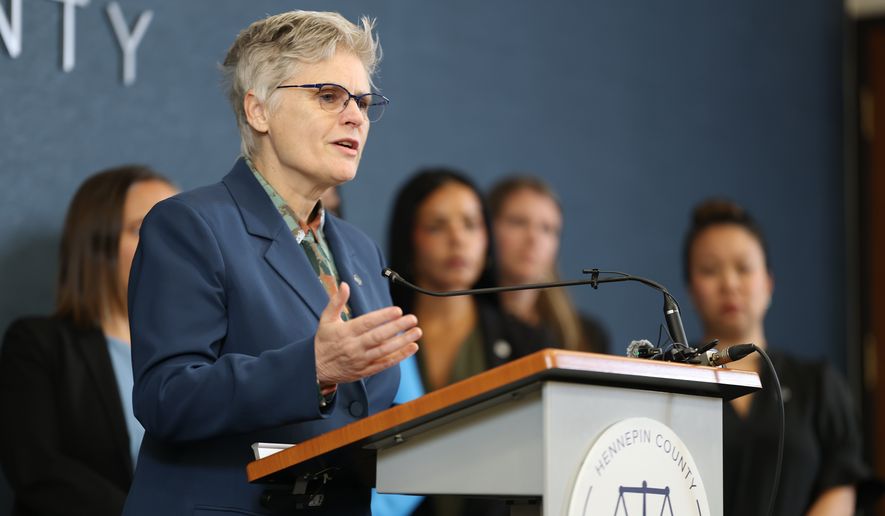 Hennepin County Attorney Mary Moriarty addresses the media at the Hennepin County Government Center in Minneapolis, Monday, July 13, 2026. (Elizabeth Flores/Minnesota Star Tribune via AP)