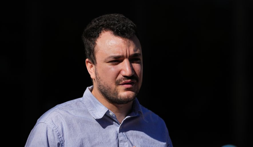 FILE - Palestinian activist Mahmoud Khalil holds a news conference outside Federal Court on Oct. 21, 2025 in Philadelphia (AP Photo/Matt Rourke, File)