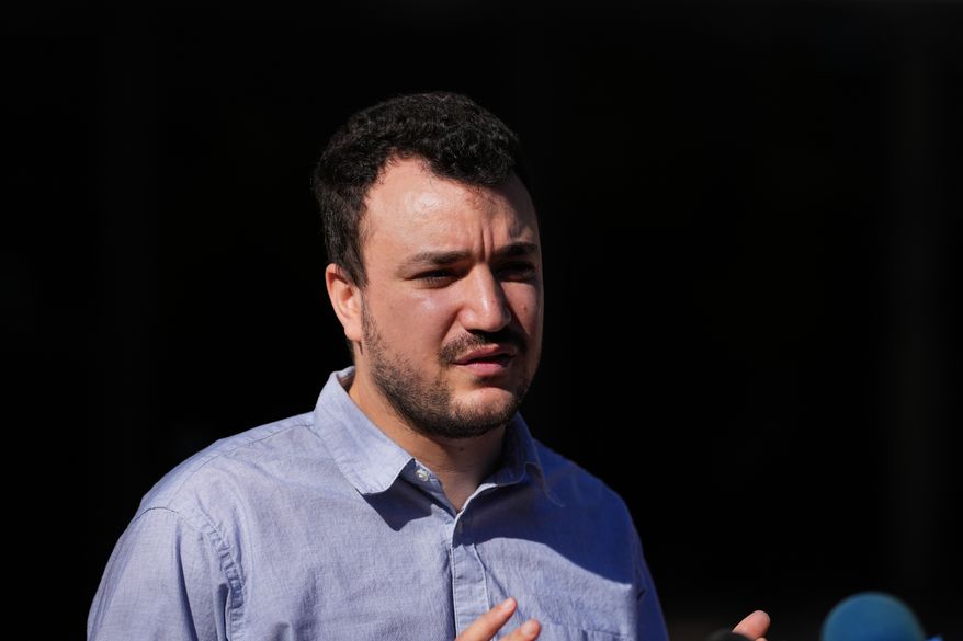 FILE - Palestinian activist Mahmoud Khalil holds a news conference outside Federal Court on Oct. 21, 2025 in Philadelphia (AP Photo/Matt Rourke, File)