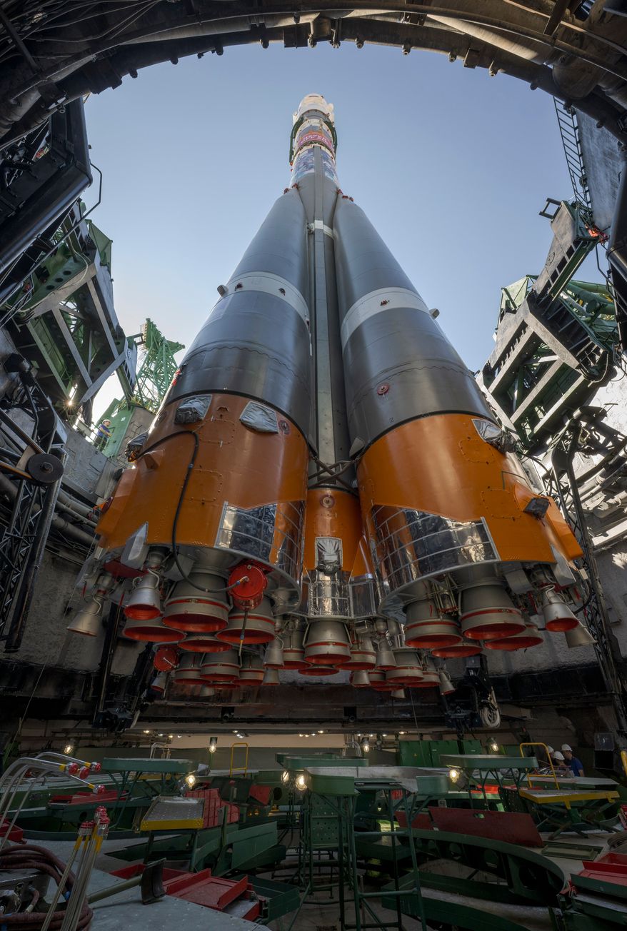 The Soyuz rocket is raised into position at the Site 31 launch pad of the Baikonur Cosmodrome in Kazakhstan, Saturday, July 11, 2026. (Bill Ingalls
