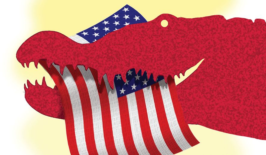 Crocodiles of socialism and the United States of America illustration by Alexander Hunter/The Washington Times