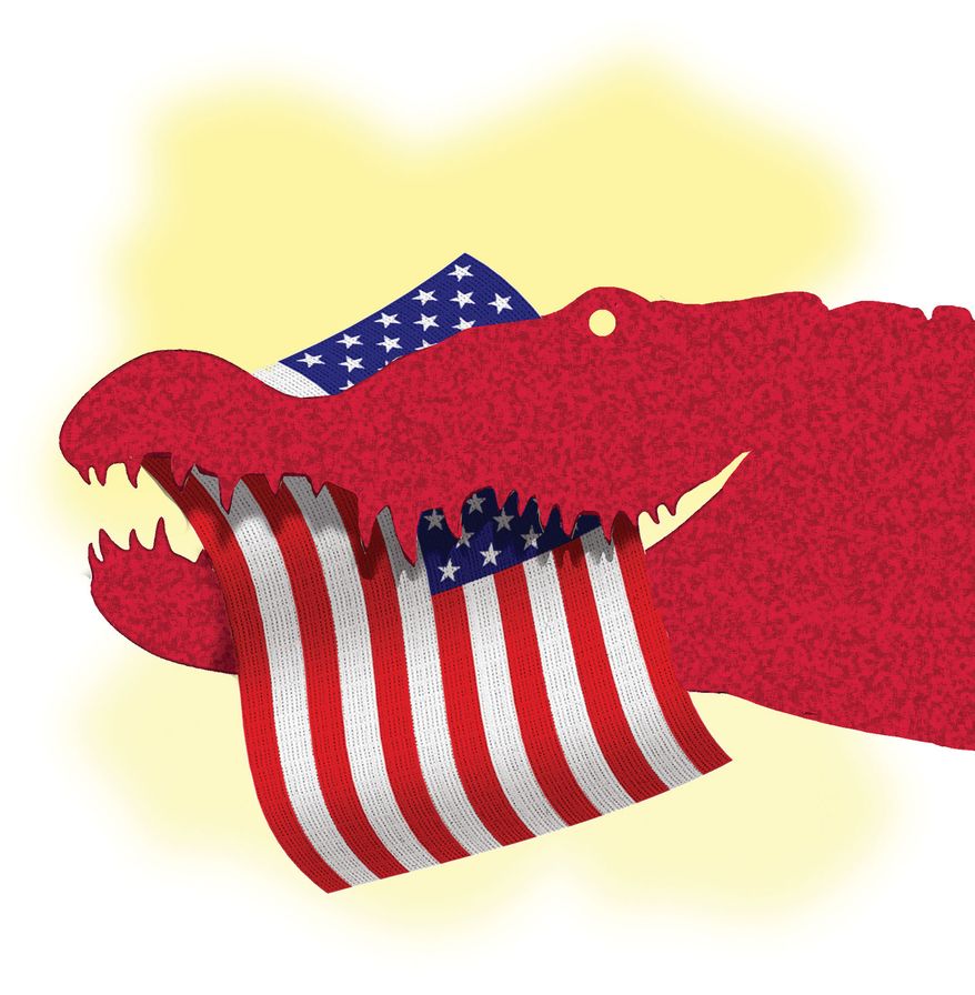 Crocodiles of socialism and the United States of America illustration by Alexander Hunter/The Washington Times