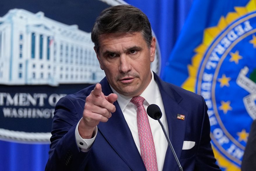 Acting Attorney General Todd Blanche speaks during a news conference at the Department of Justice, Wednesday, July 1, 2026 in Washington. (AP Photo/Manuel Balce Ceneta)
