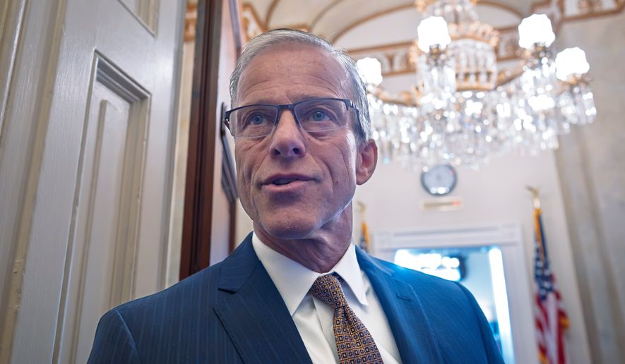 Senate Majority Leader John Thune, R-S.D., speaks to reporters as he arrives at his office after praising the late Sen. Lindsey Graham, R-S.C., at the Capitol in Washington, Monday, July 13, 2026. (AP Photo/J. Scott Applewhite)