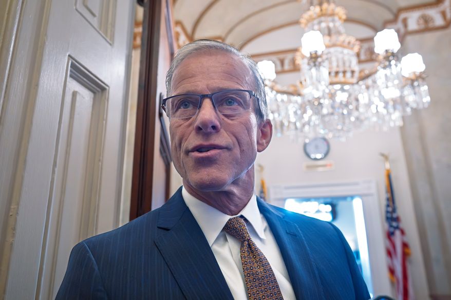 Senate Majority Leader John Thune, R-S.D., speaks to reporters as he arrives at his office after praising the late Sen. Lindsey Graham, R-S.C., at the Capitol in Washington, Monday, July 13, 2026. (AP Photo/J. Scott Applewhite)